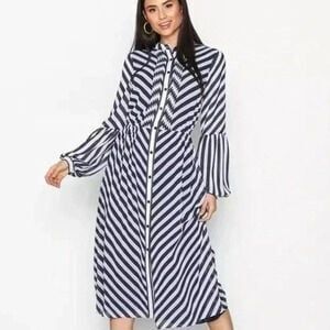 Michael Kors MK Georgette Semi Sheer Lined Chevron Striped Midi Shirtdress XS